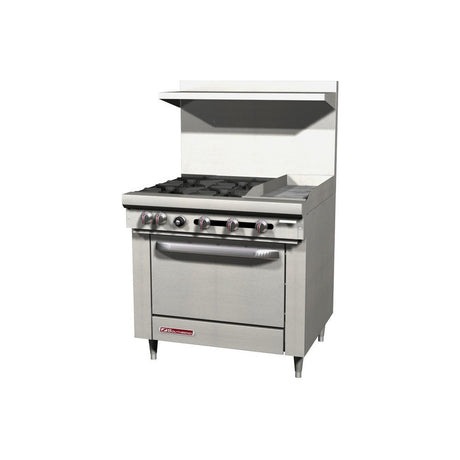 Southbend S36D-1G 36" gas restaurant range with 4 open burners and a 12" manual griddle, standard oven, front view