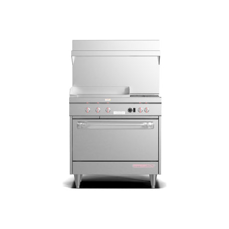 Southbend S36D-2GL 36" gas restaurant range with 2 open burners and a 24" manual griddle on the left, standard oven, front view