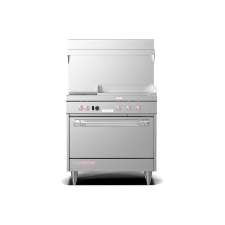 Southbend S36D-2GR 36" gas restaurant range with 2 open burners and a 24" manual griddle on the right, standard oven, front view