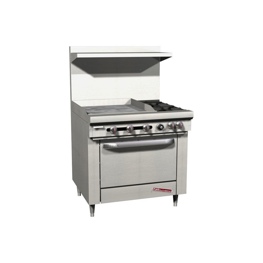 Southbend S36D-2TL 36" gas restaurant range with 2 open burners and a 24" thermostatic griddle on the left, standard oven, front view