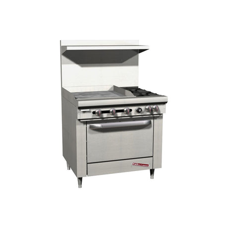 Southbend S36D-2TL 36" gas restaurant range with 2 open burners and a 24" thermostatic griddle on the left, standard oven, front view