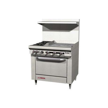 Southbend S36D-2TR 36" gas restaurant range with 2 open burners and a 24" thermostatic griddle on the right, standard oven, front view