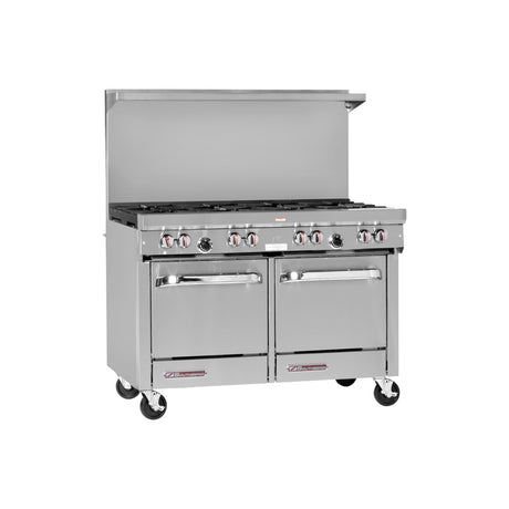 Southbend S48EE 48" gas restaurant range with 8 open burners, two space saver ovens, front view