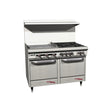 Southbend S48EE-2GL 48" gas restaurant range with 4 open burners and a 24" manual griddle on the left, two space saver ovens, front view