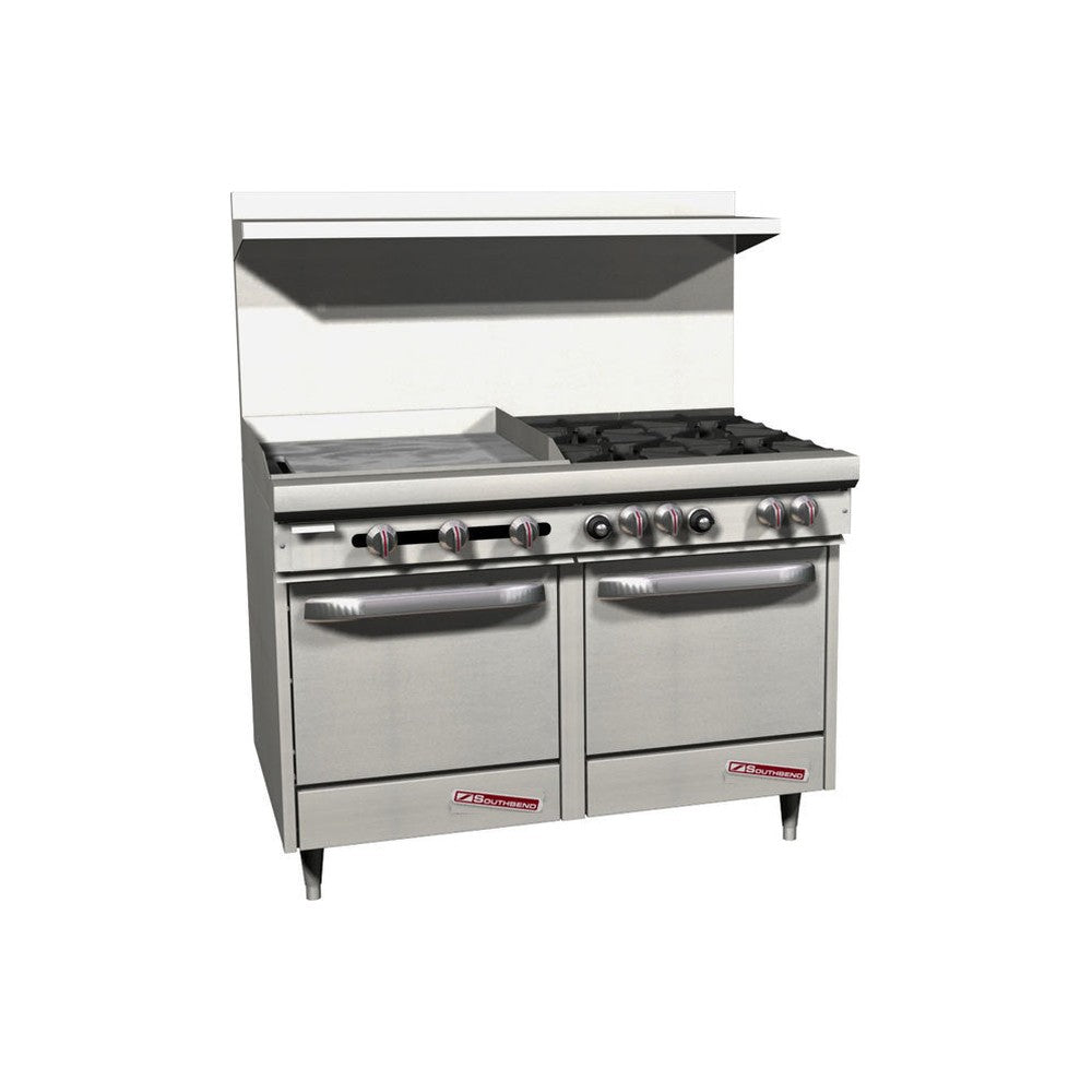 Southbend S48EE-2GL 48" gas restaurant range with 4 open burners and a 24" manual griddle on the left, two space saver ovens, front view
