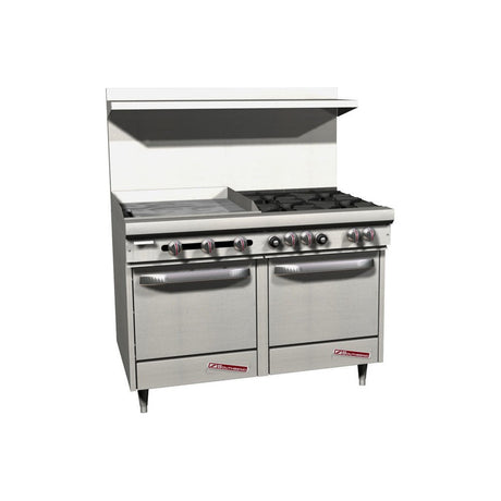 Southbend S48EE-2GL 48" gas restaurant range with 4 open burners and a 24" manual griddle on the left, two space saver ovens, front view