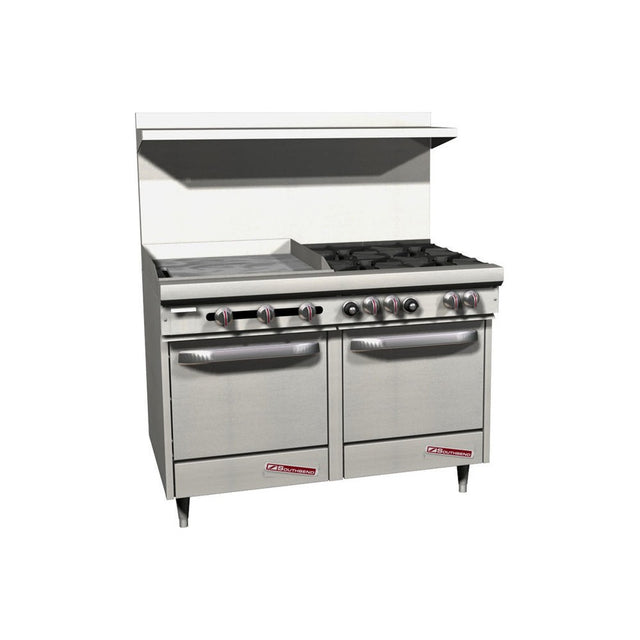 Southbend S48EE-2GL 48" gas restaurant range with 4 open burners and a 24" manual griddle on the left, two space saver ovens, front view