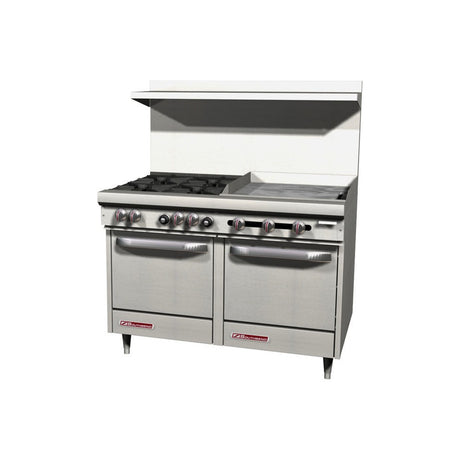Southbend S48EE-2GR 48" gas restaurant range with 4 open burners and a 24" manual griddle on the right, two space saver ovens, front view