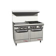 Southbend S48EE-2TL 48" gas restaurant range with 4 open burners and a 24" thermostatic griddle on the left, two space saver ovens, front view