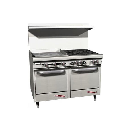 Southbend S48EE-2TL 48" gas restaurant range with 4 open burners and a 24" thermostatic griddle on the left, two space saver ovens, front view