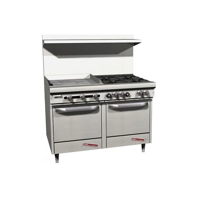 Southbend S48EE-2TL 48" gas restaurant range with 4 open burners and a 24" thermostatic griddle on the left, two space saver ovens, front view