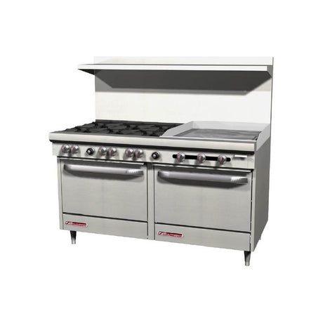 Southbend S60DD-2GR 60" gas restaurant range with 6 open burners and a 24" manual griddle on the right, two standard ovens, front view