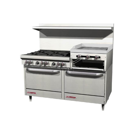 Southbend S60DD-2RR 60" gas restaurant range with 6 open burners and a 24" raised griddle/broiler, two standard ovens, front view