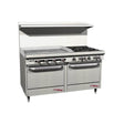 Southbend S60DD-3GL 60" gas restaurant range with 4 open burners and a 36" manual griddle on the left, two standard ovens, front view