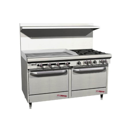 Southbend S60DD-3GL 60" gas restaurant range with 4 open burners and a 36" manual griddle on the left, two standard ovens, front view
