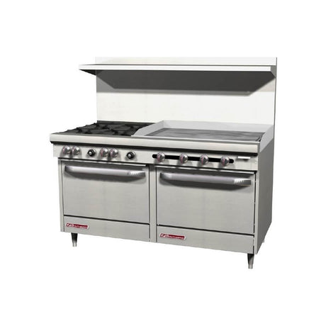 Southbend S60DD-3GR 60" gas restaurant range with 4 open burners and a 36" manual griddle on the right, two standard ovens, front view