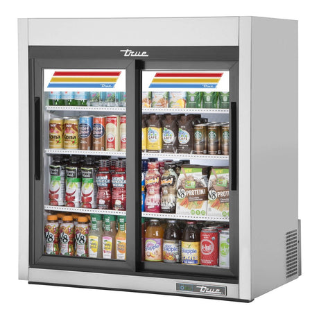 True GDM-09-SQ-S-HC-LD 36" 2 Slide Glass Door Countertop Refrigerated Merchandiser (stainless), doors closed