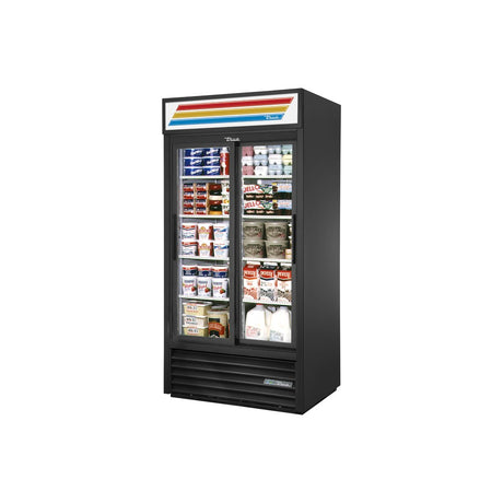True GDM-33-HC-LD 39-1/2" 2 glass slide door merchandiser refrigerator, front view with doors closed