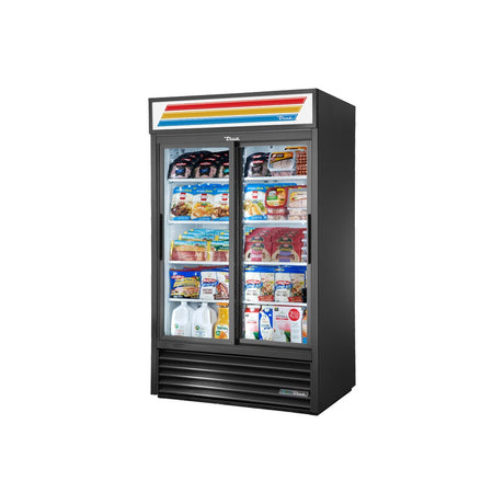 True GDM-41-HC-LD 47-1/8" 2 glass slide door merchandiser refrigerator, front view with doors closed