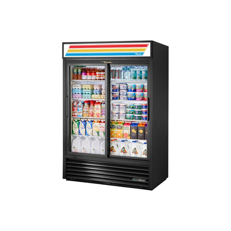 True GDM-47-HC-LD 54-1/8" 2 glass slide door merchandiser refrigerator, front view with doors closed