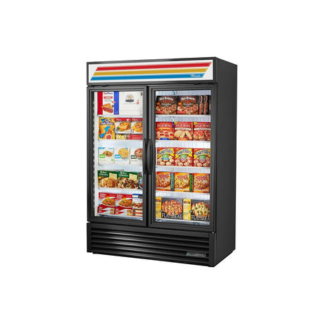 True GDM-49F-HC 54-1/8" 2 glass door merchandiser freezer, black exterior, front view with doors closed