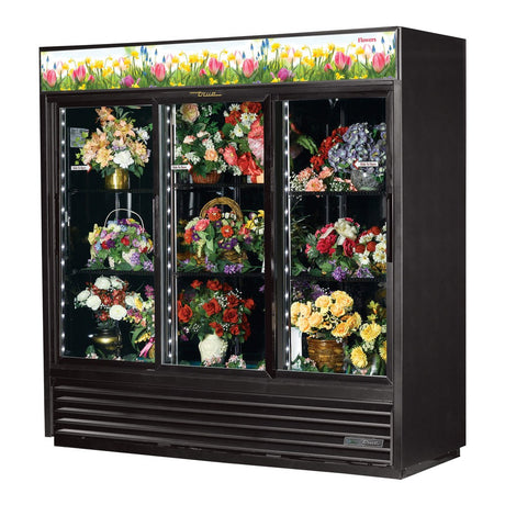 True GDM-69FC-HC-LD 78-1/8" 3 Slide Glass Door Floral Case Refrigerator (black), doors closed