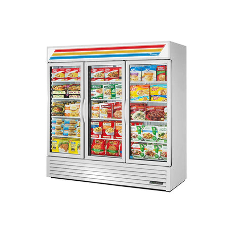 True GDM-72F-HC 78-1/8" 3 glass door merchandiser freezer, shown in optional white exterior, front view with doors closed