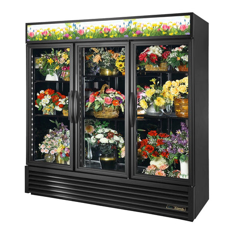 True GDM-72FC-HC~TSL01 78-1/8" 3 Swing Glass Door Floral Case Refrigerator (black), doors closed