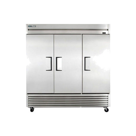True T-72-HC 78-1/8 inch 3 solid door reach-in refrigerator, front view, doors closed