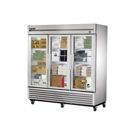 True T-72FG-HC 78-1/8" 3 glass door reach-in freezer, front view with doors closed