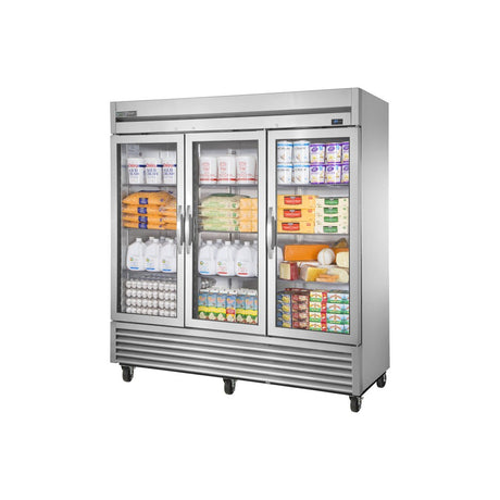 True T-72G-HC~FGD01 78-1/8" 3 glass swing door reach-in refrigerator, front view with doors closed