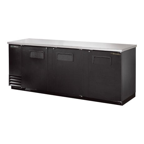 True TBB-4-HC 90-3/8" 3 solid door back bar cooler, black finish, doors closed