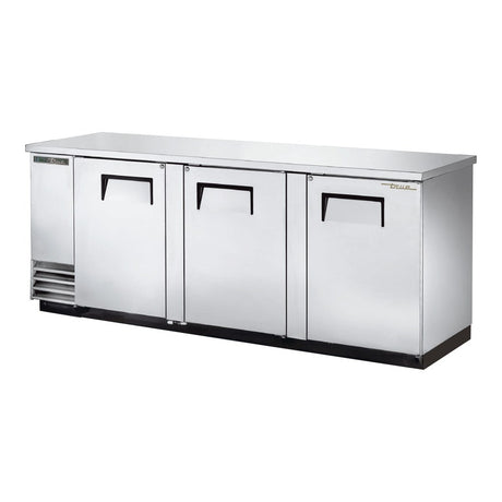 True TBB-4-S-HC 90-3/8" 3 solid door back bar cooler, stainless steel finish, doors closed