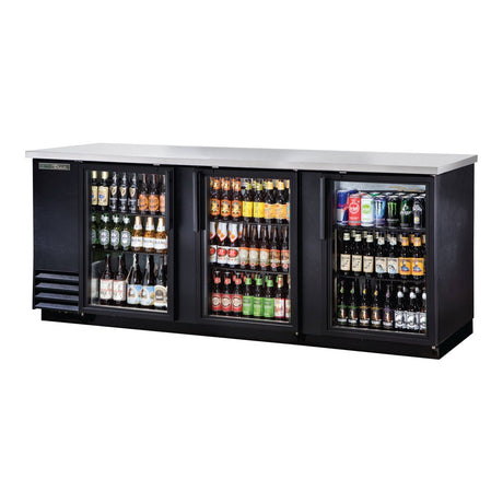 True TBB-4G-HC-LD 90-3/8" 3 glass door back bar cooler, black finish, doors closed