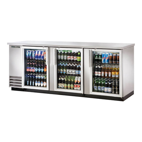 True TBB-4G-S-HC-LD 90-3/8" 3 glass door back bar cooler, stainless steel finish, doors closed