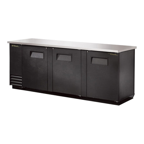 True TBB-4PT-HC 90-3/8" pass-thru back bar cooler with 3 front and 3 rear solid doors, black finish, doors closed