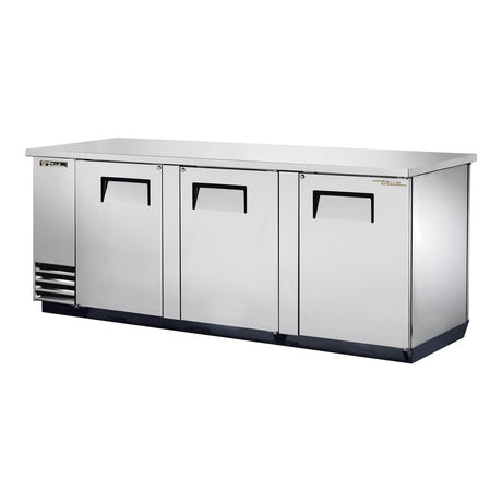 True TBB-4PT-S-HC 90-3/8" pass-thru back bar cooler with 3 front and 3 rear solid doors, stainless steel finish, doors closed