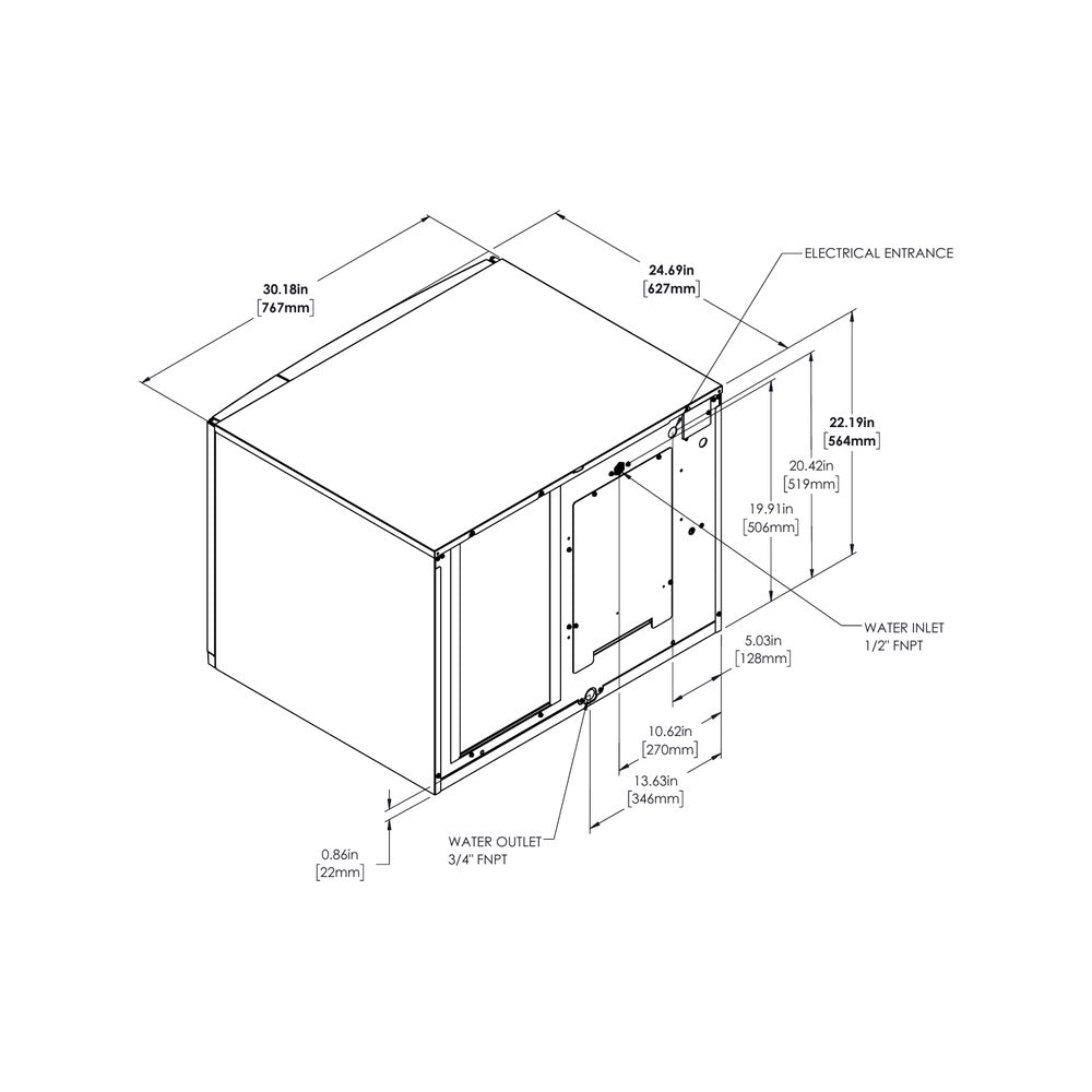 True TCIM-630 dimensional drawing from the spec sheet: plan view with water and electrical connection locations