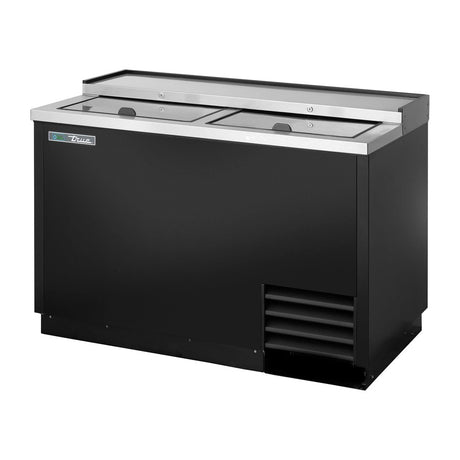 True TD-50-18-HC 49-1/2" deep well bottle cooler with 2 sliding lids, black finish, lids closed