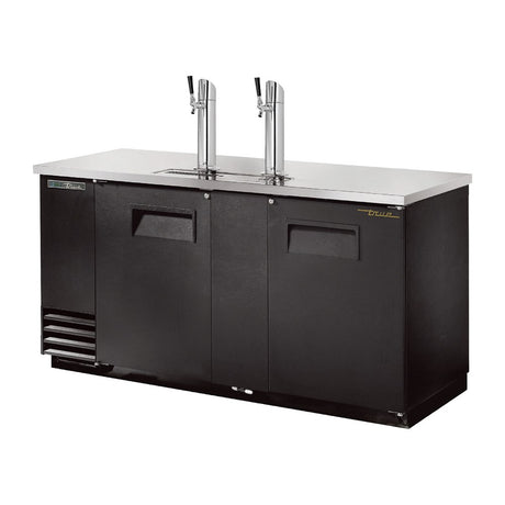 True TDD-3-HC 69-1/8" black direct draw beer dispenser with 2 beer towers, doors closed