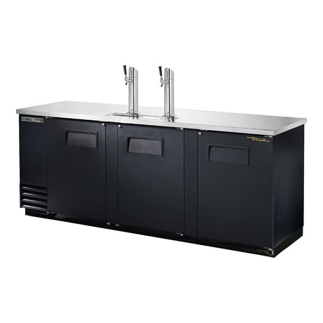 True TDD-4-HC 90-3/8" black direct draw beer dispenser with 2 beer towers, doors closed