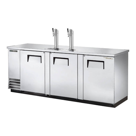True TDD-4-S-HC 90-3/8" stainless steel direct draw beer dispenser with 2 beer towers, doors closed