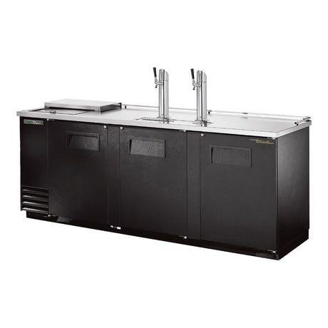 True TDD-4CT-HC 90-3/8" black club top direct draw beer dispenser with 2 beer towers, doors closed