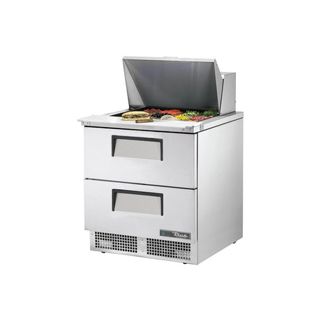 True TFP-32-12M-D-2-HC 32-1/8" 2-drawer food prep table with (12) 1/6 size pans, drawers closed, lid open