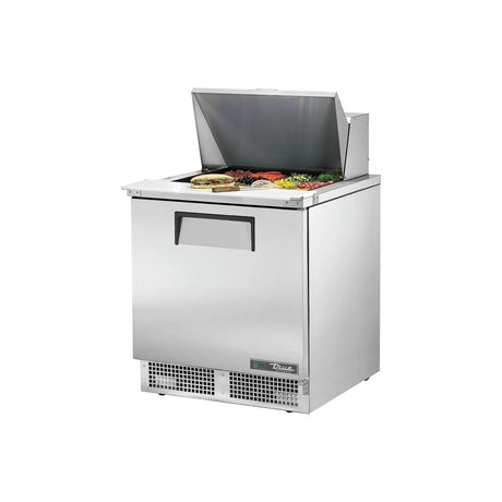 True TFP-32-12M-HC 32-1/8" 1-door food prep table with (12) 1/6 size pans, door closed, lid open