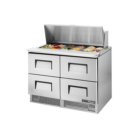 True TFP-48-18M-D-4-HC 48-1/8" 4-drawer food prep table with (18) 1/6 size pans, drawers closed, lid open