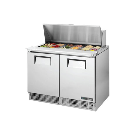 True TFP-48-18M-HC 48-1/8" 2-door food prep table with (18) 1/6 size pans, doors closed, lid open