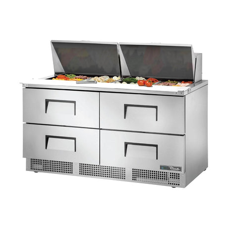 True TFP-64-24M-D-4-HC 64-1/8" 4-drawer food prep table with (24) 1/6 size pans, drawers closed, lid open