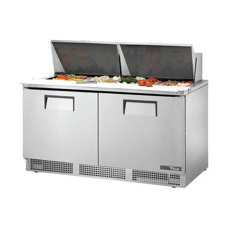 True TFP-64-24M-HC 64-1/8" 2-door food prep table with (24) 1/6 size pans, doors closed, lid open