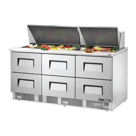True TFP-72-30M-D-6-HC 72-1/8" 6-drawer food prep table with (30) 1/6 size pans, drawers closed, lid open